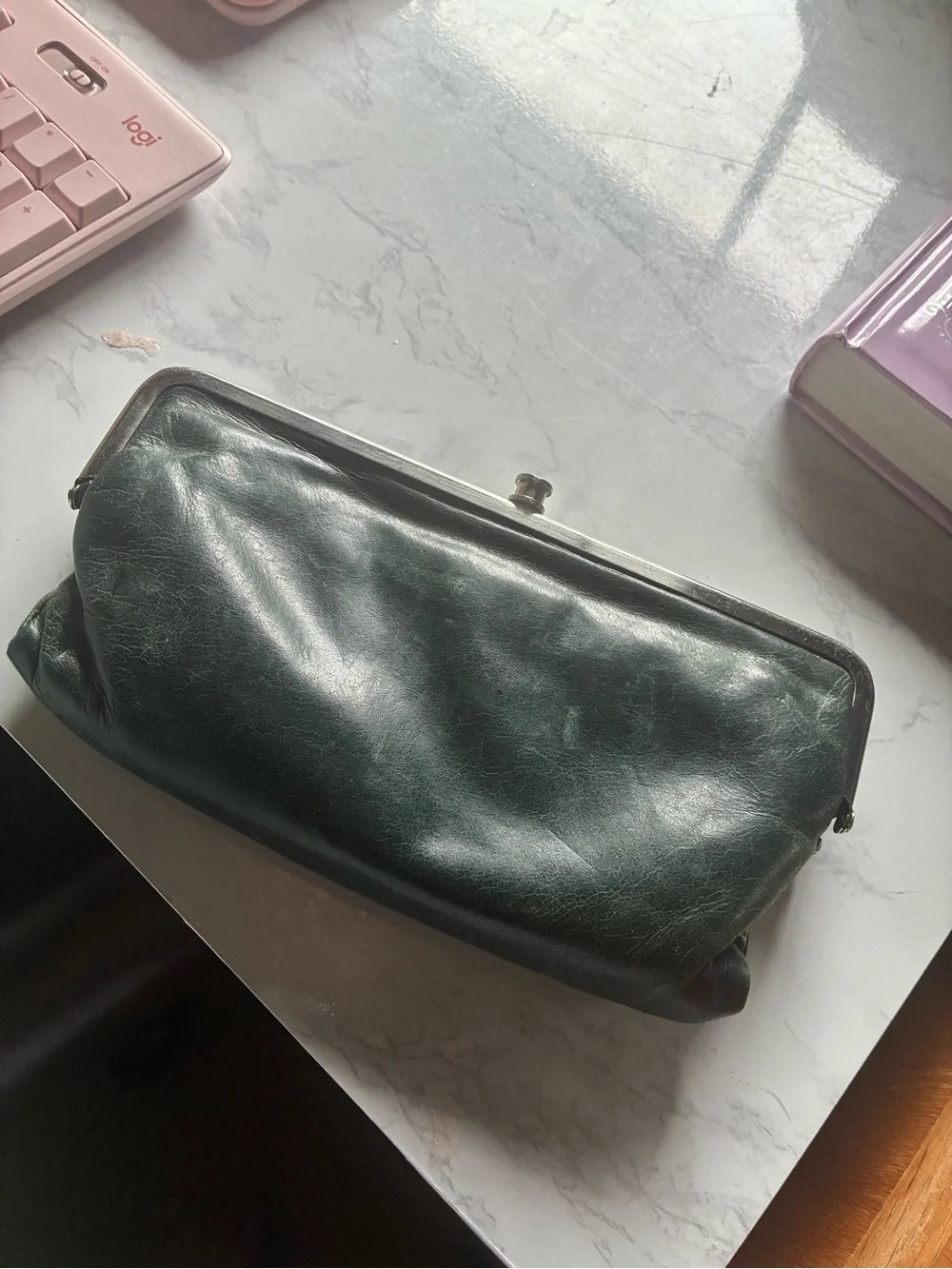 HOBO Lauren Dark Green Leather Double Frame Kiss Lock Clutch Wallet